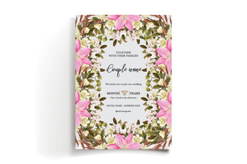 WEDDING INVITATION FRAME WITH FLOWER DECORATIONS AND FRESH LEAVES