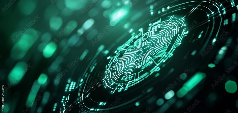 Poster a visually striking, digital fingerprint surrounded by glowing circuits and data patterns, represent