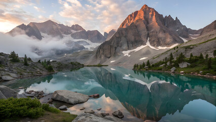 Fototapeta premium mountains covered a lake.