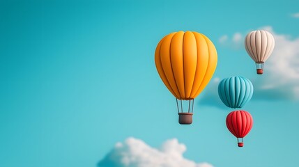 Obraz premium Whimsical air balloons of vibrant colors drifting peacefully in a soft blue sky surrounded by fluffy white clouds evoking a sense of wonder adventure and freedom