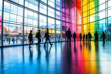 Silhouetted Business People Walking in a Colorful Modern Building