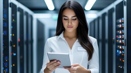 Managing data young woman server room technology environment professional viewpoint digital management