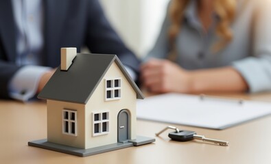 Fototapeta premium Real estate agent holding house keys for his client after contract signing move house or rent home buying ideas and home insurance for real estate property estate real investment mortgage sale