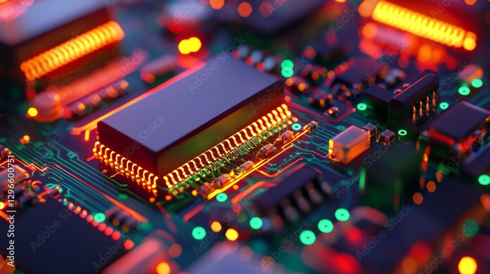 Poster a close-up view of a colorful circuit board with glowing components and intricate patterns, showcasi