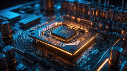 Fototapeta premium Futuristic AI core illuminated on a circuit board showcases advanced technology in a darkened environment