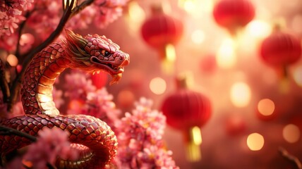 Fototapeta premium Red Dragon Ornament Among Pink Blossoms and Lanterns