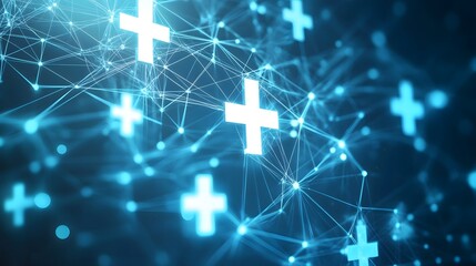 Naklejka premium Digital Healthcare Network with Glowing Cross Symbols and Interconnected Lines