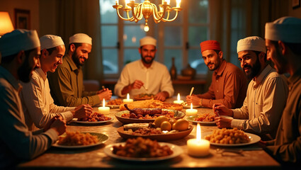 n intimate dinner gathering with a group of friends enjoying a traditional meal together. The warm ambiance is enhanced by soft candlelight and a beautiful chandelier