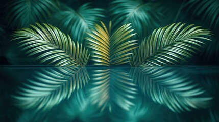 Obraz premium Elegant palm leaves reflected in calm water creating a beautiful tropical scene and atmosphere