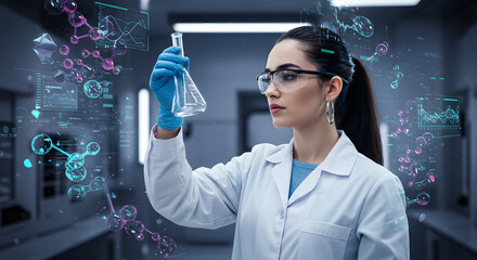 A female scientist holding a test tube, with molecular structures and digital elements floating around her