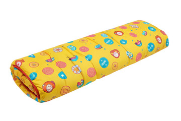 Colorful children's sleeping bag with fun designs for camping trips or sleepovers in various locations, cut out