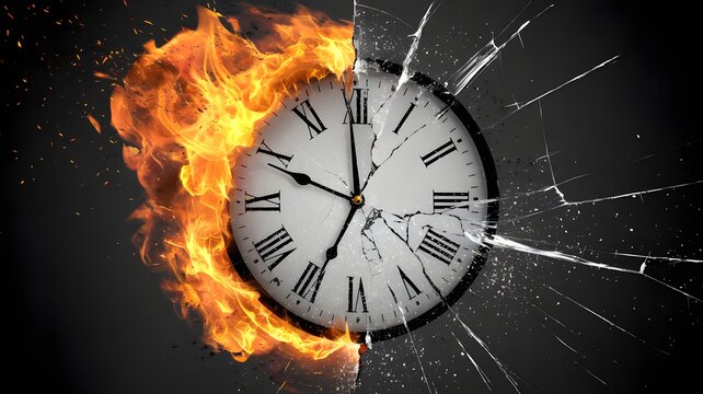 A cracked clock exploding in flames on one side, against a jet-black background.