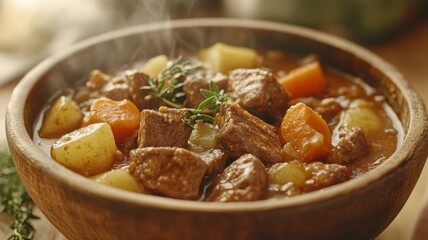 Steaming Bowl Of Delicious Beef Stew With Vegetables