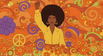 A 70s-inspired illustration of a woman with a raised fist, surrounded by flowers and peace signs.