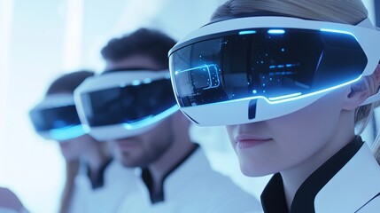 Virtual reality experience technology lab group of participants futuristic environment close-up view immersive innovation