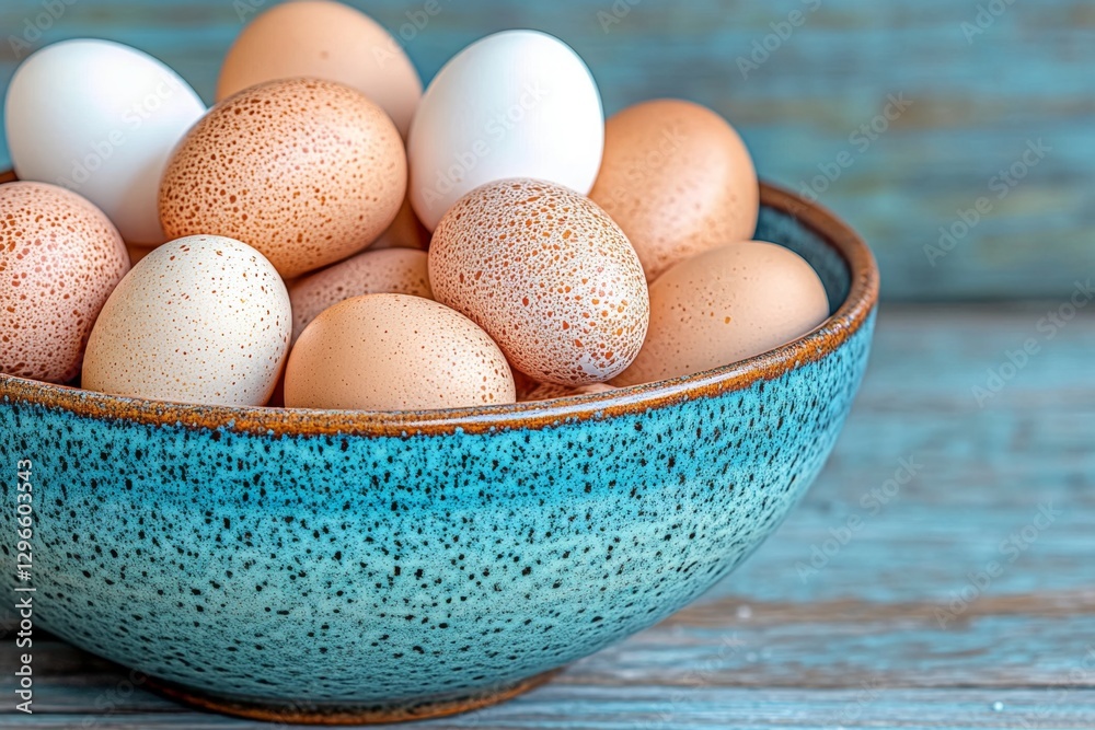 Poster a rustic ceramic bowl filled with multiple egg yolks, glowing under soft natural light