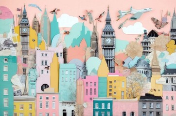 Obraz premium Colorful collage representing a vibrant cityscape with famous landmarks and nature elements