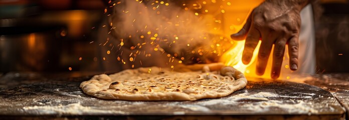 A chef expertly tossing pizza dough with flour in a vibrant kitchen setting.
