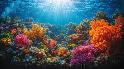Naklejka premium Vibrant coral reef exploration ocean depths underwater photography marine environment scenic viewpoint