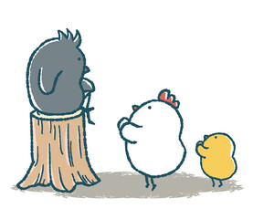 ゆるいにわとりとひよこはカラスに拝む