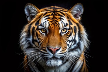 Fototapeta premium Majestic Black and White Tiger Portrait: Striking Aerial View on Dark Background