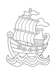 Pirate Ship with Large Sails and Ocean Waves – Nautical Adult Coloring Page on White Background