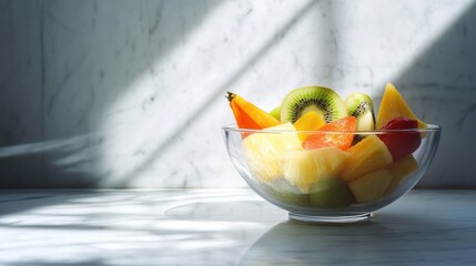 A glass bowl filled with fresh tropical fruit pieces on a marble surface.