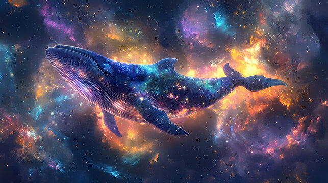 A glowing cosmic whale, bathed in the brilliance of colorful stars, moves gracefully through a deep galaxy, surrounded by swirling nebulae and ethereal light. Surreal Galactic Whale. Illustration