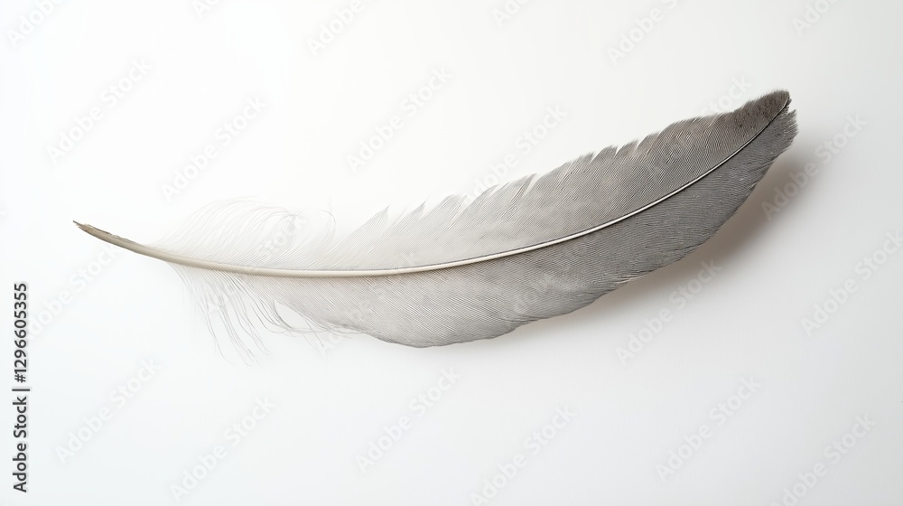 Poster a single feather resting on a blank white background