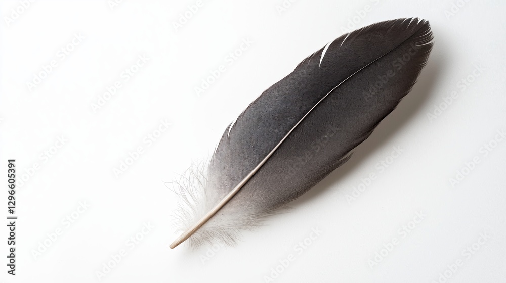 Poster a single feather resting on a blank white background