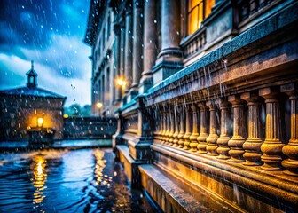 Naklejka premium Majestic Building in Downpour: Macro Rain Drops on Supreme Court Facade