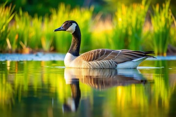 Obraz premium Majestic Canada Goose Serenely Floating on a Tranquil Blue Pond in Canada's Wilderness