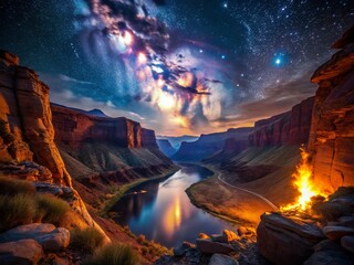 Fototapeta premium Majestic Canyon Night Scene: Bonfire by River, Starry Sky, Dramatic Landscape Photography
