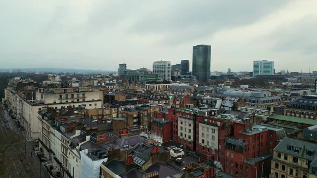 Drone rotating shot of Portland Pl, Regents Park, Regents Place and the BT Tower in London, England