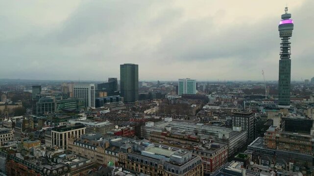Breathtaking aerial view of London architecture, with the BT Tower rising above the cityscape