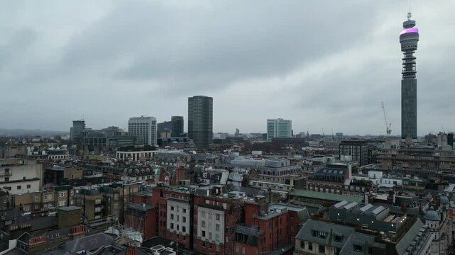 Panoramic view of London architectural landscape, featuring the iconic BT Tower standing tall