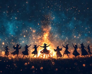 Witches dance around bonfire night sky
