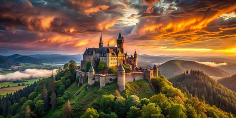 Fototapeta premium Majestic Castle on Scenic Hilltop - Long Exposure Fantasy Landscape