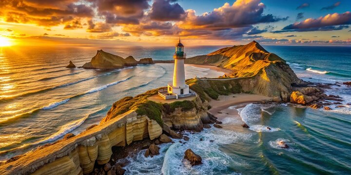 Majestic Castlepoint Lighthouse Sunrise Panorama, New Zealand Coastline