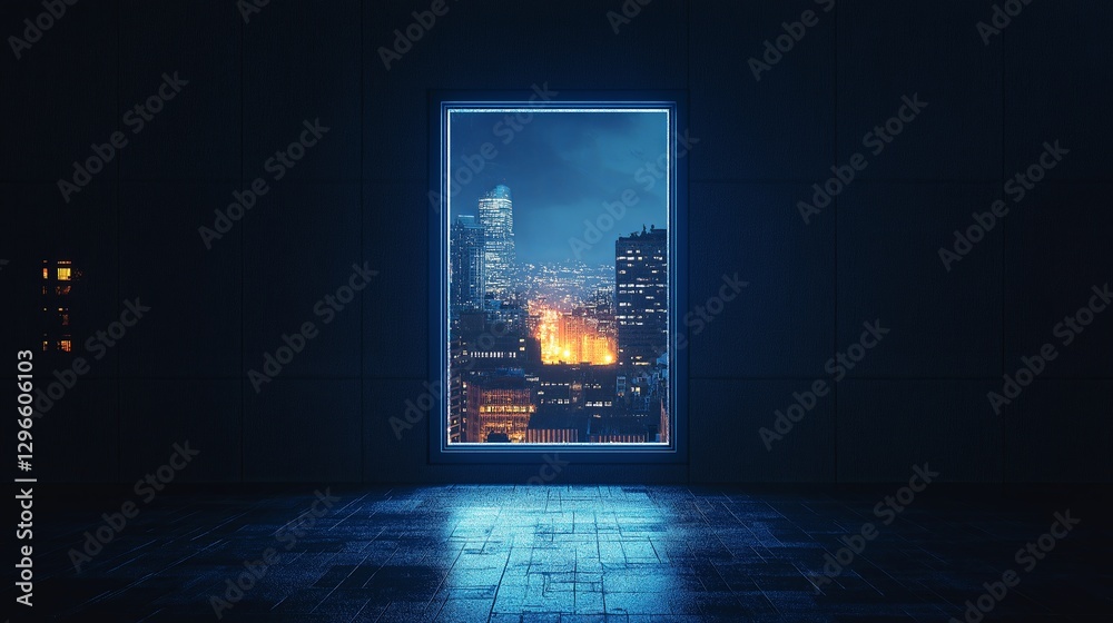 Poster a single glowing window in a vast dark cityscape.
