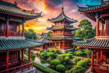 Naklejka premium Majestic Chinese Ancient Architecture: High-Resolution Stock Photo of Ancient Pagoda and Courtyard