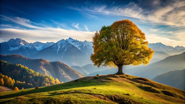 Majestic Chinar Tree on Hilltop Overlooking Mountain Range - Breathtaking Landscape Photography