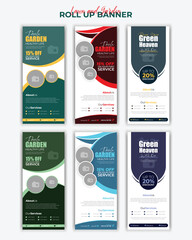 Lawn Care and Garden Service Roll Up Banner Template Professional Landscaping Lawn Mowing Gardening Design for Print and Digital Fully Editable Vector EPS Format for Business and Marketing.