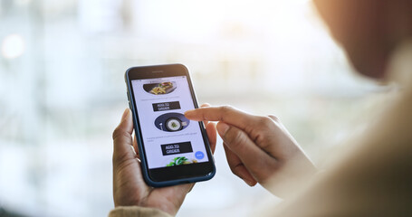 Hands, food delivery menu and phone screen for online shopping, scroll and ecommerce application on web. Restaurant app, mobile user experience and person with lunch, nutrition and discount in office
