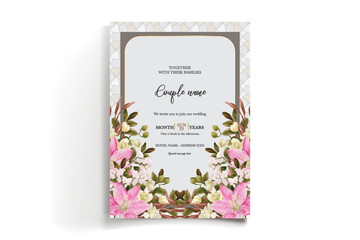 WEDDING INVITATION FRAME WITH FLOWER DECORATIONS AND FRESH LEAVES