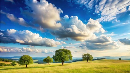 A serene landscape with a light blue sky and puffy white clouds scattered across the horizon, with a few trees and hills in the background, serene, light sky