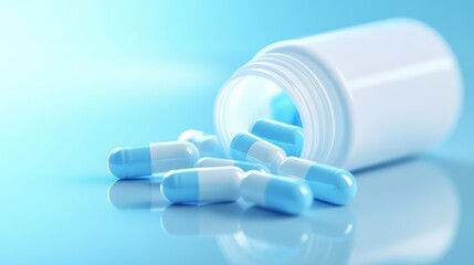 Close-up of white and blue capsules spilling from a container on light blue background.