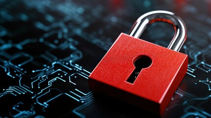 Red Padlock on Circuit Board Representing Cybersecurity and Digital Protection
