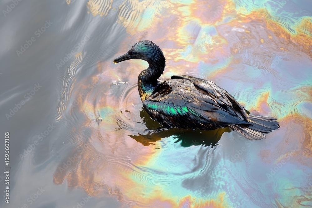 Poster seabird struggles in oil spill as rainbow sheen spreads across ocean surface. generative ai