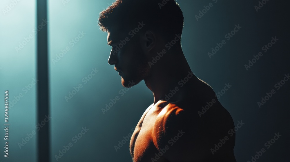 Aufkleber Muscular man working out in gym with strong lighting and focused expression during evening workout session. Generative AI